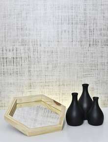 Kit 4 Peças Trio de Vasos de Ceramica + Bandeja Espelhada Rustica Conjunto Decorativo Artesanal Colorido Enfeite Moderno Ideal para Presentear Objeto Estilo Nordico Decoração de casa sala cozinha Aparador Rack Escritorio Prateleira arranjo artificial - Preto liso - Visão 5