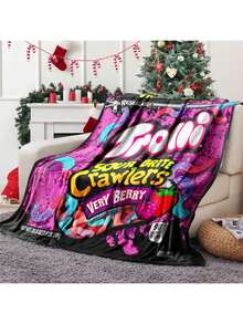 1 buc. Pătură din fleece Trolli Brand Sour Brite Crawlers, pătură mov, pătură pentru ambalarea bomboanelor, pătură drăguță pentru fete, fabricată din flanel, moale la atingere, funcțională caldă, pătură practică pentru dormitor, sufragerie, decor de Crăciun, somn de noapte/picnic la birou