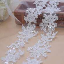 1 Yard White Beaded Embroidered Lace Applique, Dress & Wedding Gown Decorative Trim, 6cm Wide - White - View 6
