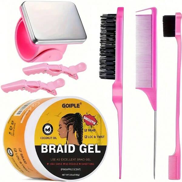 Goiple مجموعة جيل الضفيرة وتصفيف الشعر جويبل 150 جرام/100 جرام - شمع ضفيرة قوي وجيل لوك للضفائر والخصلات والحواف والتموجات والضفائر المتقاطعة، تشمل شريط المغناطيس للمعصم والمشط، مضاد للتجعد، لمعان عالي، غير دهني، يُنعم ويُحسن جميع أنواع الضفائر مع اكسسوارات الشعر