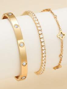 1 件时尚四叶草锆石不锈钢女士手链套装，适合日常佩戴、情侣约会、多场合搭配和送礼 - 金黃色 - 查看 7