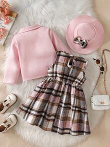 3件套女童休闲可爱保暖套装：简约时尚粉色羊毛保暖外套+格子蝴蝶结连衣裙+蝴蝶结羊毛帽