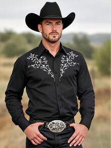 Wild & Stylish! Men's Versatile Black Shirt, Unlocks Western Cowboy Charm! Men's Printed Long Sleeve Shirt, & Chic, Blazes The Streets!, For Fall - Black - View 2