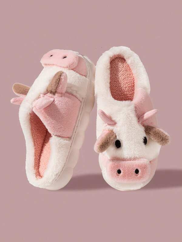 Süße Cartoon Kuh Plüsch Hausschuhe, warme Innenschuhe mit dünner Sohle für den Wintergebrauch Zuhause