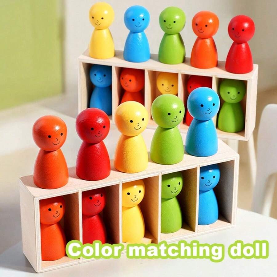 12pcs Wooden Smiling Face Doll Color Matching Memory Game, Educational Puzzle Toy For Children, Parent-Child Interactive Activity And Creative Board Game - 彩色 - 查看 1