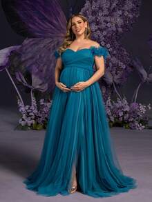 Faeriesty Dressalisa Elegant Off-Shoulder Maternity Evening Dress With Feather Accents - Flowy Sheer Fabric For Spring/Summer Weddings, Baby Showers, Galas & Photo Shoots - Teal Blue - View 5