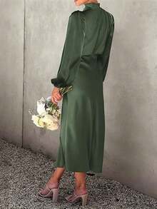 Satin Long Sleeve High Neck Ruched Asymmetrical Elegant Formal Dress, Suitable For Cocktail Party, Bridesmaid - xanh quân đội - Xem 3