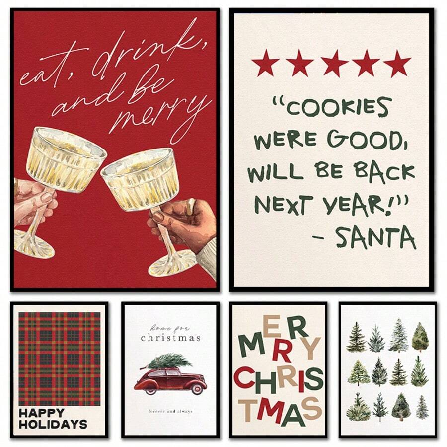 Canvas Vintage Christmas Tree Wall Arts Posters Unframed, Perfect For Living Room & Bathroom Decor Ideal Winter Holiday Christmas Party Gift - Multicolor - View 1