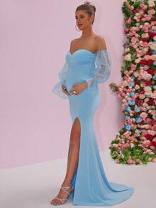 High Slit Zipper Front Formal Evening Gown With Mesh Panels - Baby Blue - View 3