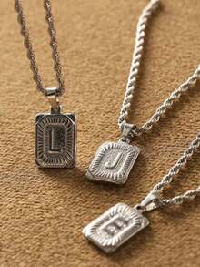 1pc Men's Stainless Steel Gold Chain Necklace With Square Letter Pendant, A-Z Letter Jewelry IHW5 - 黃金 - 查看 6