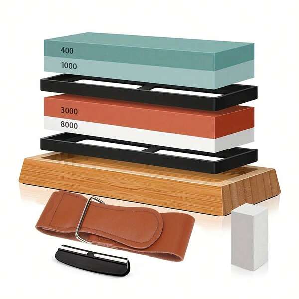 Conjunto de pedras de afiar facas, kit de pedra de amolar profissional, pedra de amolar com 4 lados, granulação 400/1000 3000/8000, base de bambu antiderrapante, pedra de afiar, guia de ângulo e tira, os melhores afiadores de facas.