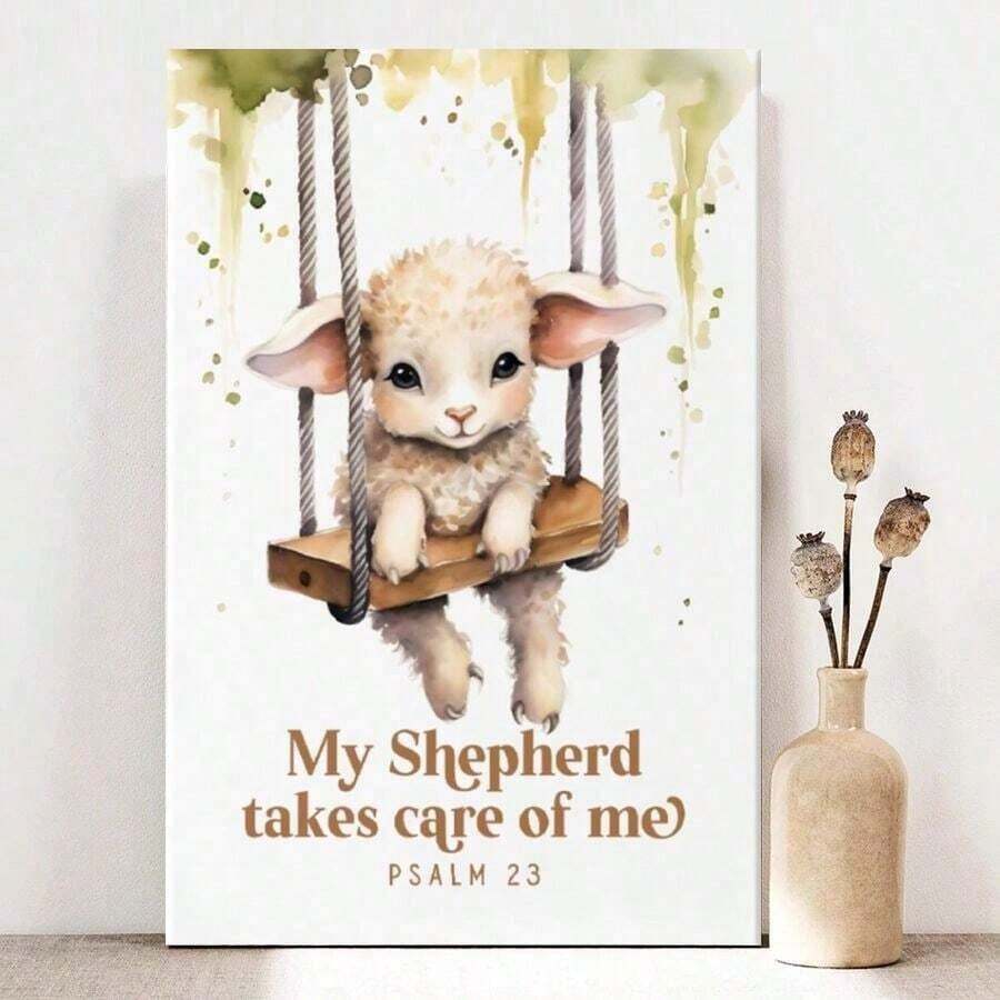 1pc Framed Canvas Wall Art Prints Poster, Psalm 23 Sheep Wall Art Nursery Boho Christian Nursery Wall Art Cute Christian Prints Children Bible Verse Art Posters Canvas Print Painting For Living Room Bedroom Office Bathroom Dorm Home Decor, Ready To Hang - 白色 - 查看 1