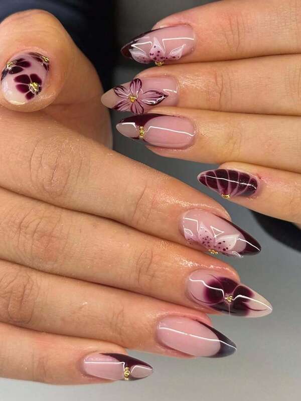 Enhance Your Style. 24 Pieces / Set Of Almond Flower Nail Design. French Pressing Nail Style With A Simple And Fashionable Look. Flowers Cover All The Nails. Suitable For Both Women And Girls' Press On Acrylic Nails. The Product Includes One Jelly Glue And Nail File. Suitable For Daily Dates And Parties.