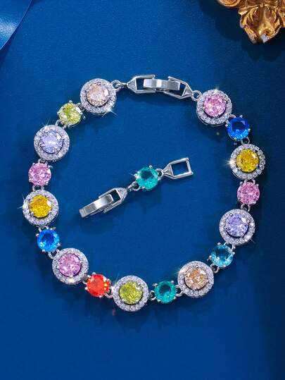 1 pieza Último brazalete de tenis con circonita cúbica redonda de colores del arcoíris, accesorio de joyería plateado para mujer para vacaciones, fiestas, bodas, compromisos, bailes de graduación, regalo de Navidad para damas, novias, esposas, hijas, madres