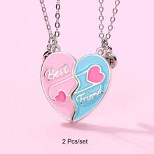 2pcs/Set Heart Shaped Pendant Necklace, Suitable For School Wear, Delicate Adjustable, BFF Style, Party Accessories, Gift, Eternal Friendship - one-size - View 10