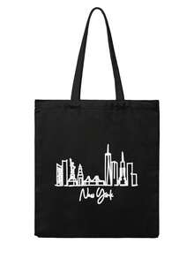 New York City Skyline Print Canvas Tote Bag Large Capacity Shopping Bags Harajuku Cartoon Female Shoulder Handbag  Girl Handbags - 黑色 - 查看 1