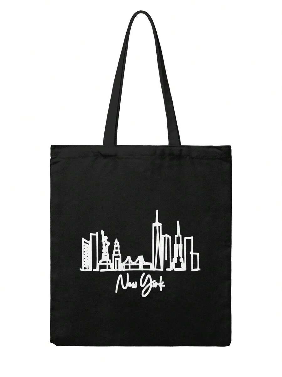 New York City Skyline Print Canvas Tote Bag Large Capacity Shopping Bags Harajuku Cartoon Female Shoulder Handbag  Girl Handbags - 黑色 - 查看 1