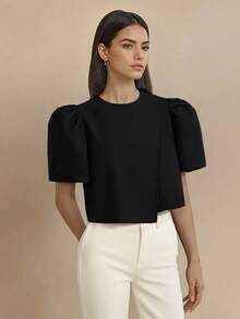 Amyenjoylife 现代菲律宾风衬衫，简洁不规则下摆纯色衬衫，简约优雅泡泡袖圆领套头衫，不规则下摆衬衫，菲律宾风情上衣，感恩节黑色上衣 - 黑色 - 查看 5