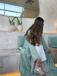 1 件优雅休闲印花袖口柔软面料 Abaya 开衫长袍披肩，适合日常穿着和聚会 - 綠色 - 查看 2