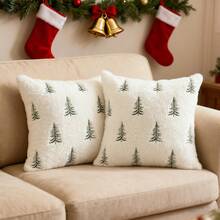 Fluffy Christmas Tree Embroidered Pillow Covers Set, Soft White Plush Cushion Cases For Winter Home & Holiday Room Decor, 18x18" (Covers Only) - 白色 - 查看 8
