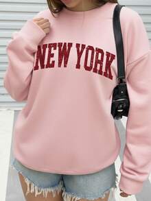 New York Buchstaben Retro Vintage Muster bedruckter Sweatshirt, Damen Plüsch Dicke Rundhals Sweatshirt, Sport Lässig Sweatshirt, Plüsch Sweatshirt, Herbst und Winter Sweatshirt, Silhouette Schnitt. Geeignet für Partys, Sport, Outdoor Lässig und andere Anlässe, Herbst und Winter Damenbekleidung