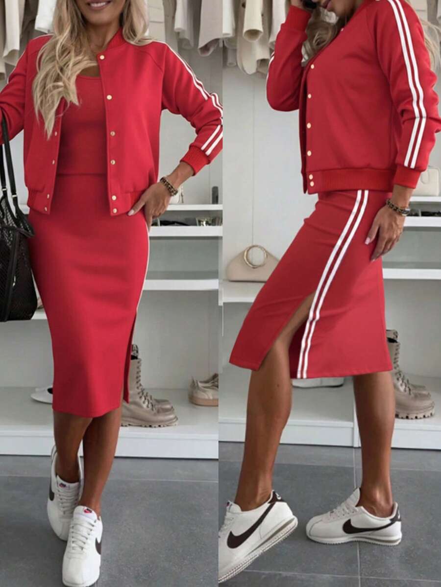 ChicMe Conjunto de 3 piezas para mujer con chaqueta de béisbol de rayas y parches, chaleco de punto acanalado y falda con abertura lateral, estilo casual y de Y2K - Rojo - Ver 1