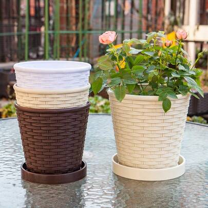 Maceta de bambú de aspecto trenzado de resina, de plástico grueso, maceta redonda minimalista para interiores/balcón, adecuada para suculentas, filodendros, orquídeas