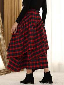 Scottish Style Women's Tartan Skirt - Elegant High Waist With Celtic FringeFlowyAsymmetrical Hem | Non-Stretch Fabric | All-Season Wear - Đỏ - Xem 2