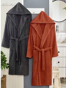 2-Piece 100% Cotton Unisex Bathrobe Set – Black & Green Color Options, Fluffy Hooded Robes For Women & Men, Terry Cloth, Soft With Long Belt – Ideal For Spa, Sauna & Daily Use – S/M & L/XL – Made In Turkey - màu đen - Xem 15