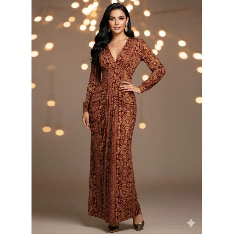 Elegante Vestido Largo de Escote en V con Detalle Frontal | Perfecto para Bodas, Galas, y Eventos Nocturnos - Granate - Ver 1