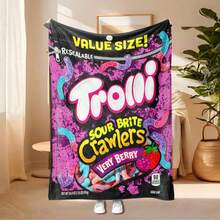 1 buc. Pătură din fleece Trolli Brand Sour Brite Crawlers, pătură mov, pătură pentru ambalarea bomboanelor, pătură drăguță pentru fete, fabricată din flanel, moale la atingere, funcțională caldă, pătură practică pentru dormitor, sufragerie, decor de Crăciun, somn de noapte/picnic la birou