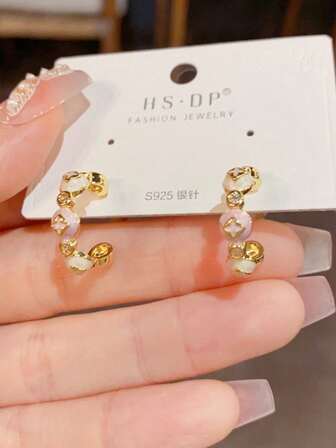 2pcs Luxury Vintage Oil Drop Contrast Color C-Shape Hoop Earrings, Minimalist Design, Sweet & Versatile