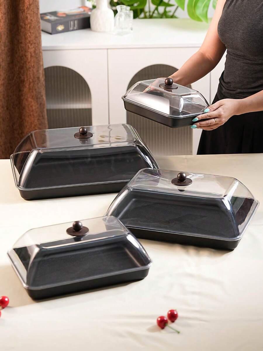 Multi-Size Rectangular Display Plastic Trays With Dustproof Lids, Unbreakable, Reusable Fruit/Dessert/Snack/Cake Platters, Suitable For Festivals, Weddings, Parties, And Banquets - Black - View 1