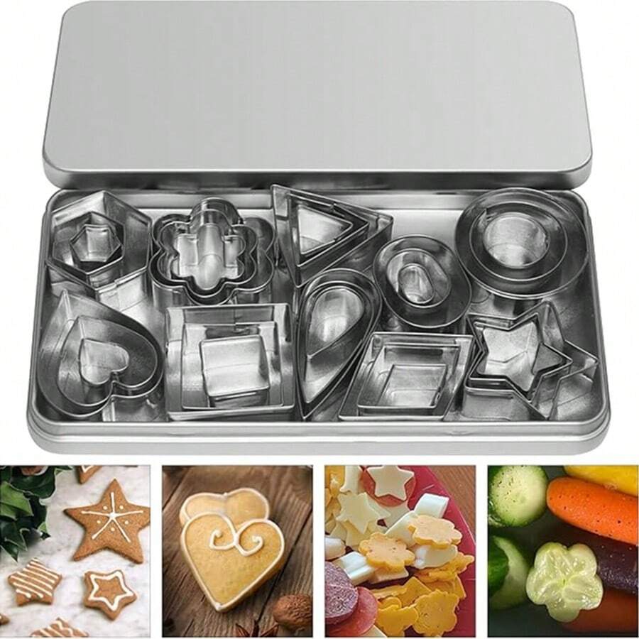 24/30pcs Cookie Cutter Set In Tin Box, Mini Stainless Steel Cookie/Pastry Cutters In Heart, Star, Round, Flower, Teardrop Shapes For Baking Cookies, Soft Candies, Fondant Cake Decorations