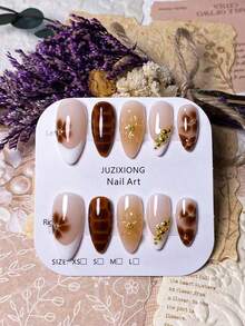 10pcs Handmade Almond-Shaped Burgundy French Tip Gold Asymmetrical Line Decor 3D Starry Nail Art Stickers, Sophisticated & Fashionable Nails Nail Supplies Handmade Press On Nails - Multicolor - View 3