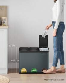 Mülleimer Küche, Mülltrennsystem 3 Fächer, Abfalleimer, 45 Liter Treteimer aus Metall, 3 x 15 Liter, Tretmülleimer mit Deckel, Stahl - Grüngrau-Tintenschwarz - Übersicht 6