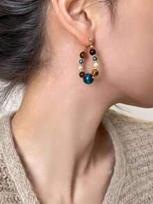 Hoa tai hạt cườm màu tương phản sang trọng cao cấp thiết kế ngọc trai cổ điển mới năm 2025 dành cho nữ, mùa thu - Hoa tai hạt đá mắt hổ xanh - Xem 3