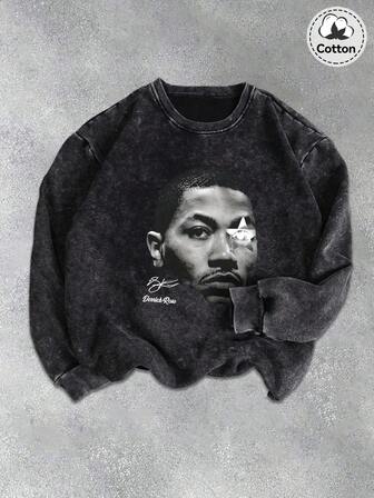 Sudadera de cuello redondo con estampado de otoño e invierno para hombres, ajuste ligeramente elástico, lavada y desgastada, forro térmico y de algodón negro, sudadera de manga larga, casual diaria de vuelta a la escuela