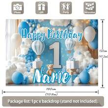 Customisable Name Blue Hot Air Balloon Bear Happy Birthday Backdrop Blue And White Balloon Gift Box Decorations Personalised Theme Party Backdrop Decorations Photography Props Vinyl