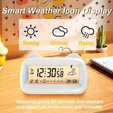 可爱3D猫耳数字闹钟 - 透明液晶显示屏，实时显示天气/温度/湿度，一键定时器，设置简单，轻柔唤醒和贪睡功能，内置夜灯，是卧室、办公室和旅行的理想之选，也是节日礼物的完美选择。 - 彩色 - 查看 3