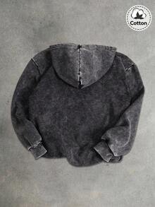 男士秋冬图案连帽运动衫上衣，略有弹性且合身，水洗做旧，毛绒棉质黑色长袖开衫拉链运动衫，休闲日常返校季夹克 - 黑色 - 查看 3