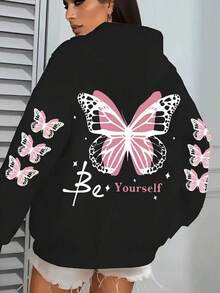 女款大尺碼蝴蝶帽衫－灰色底色配粉色滾邊，「Be Yourself」印花，舒適套頭帽衫休閒黑色 - 黑色 - 查看 5