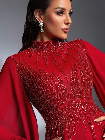 IBTRLY Elegante vestido formal de gasa con parches de lentejuelas y cuentas, cuello alto, mangas farol, color borgoña, para banquete, fiesta, boda, cumpleaños, aniversario, cita, Año Nuevo, Día de San Valentín, primavera