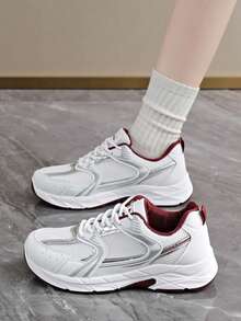 女士春秋新款休闲厚底运动鞋，网眼透气厚底坡跟休闲鞋，轻便百搭时尚系带白/灰色休闲运动鞋，适合所有季节 - 酒紅色 - 查看 6