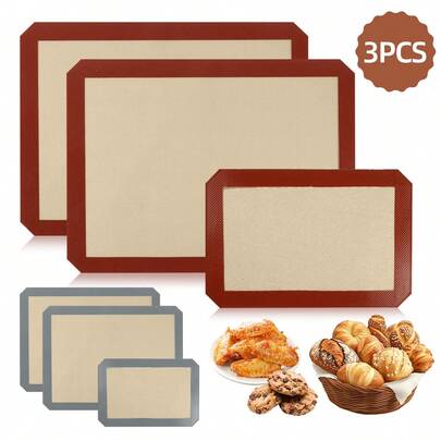 3pcs Silicone Baking Mat Set, Non-Stick Pastry Baking Tray Liners, Oven Reusable Baking Mats For Cookies, Macarons, Bread, Baking Tools, Kitchen Accessories, Suitable For Halloween, Christmas, Ramadan, Holiday Celebrations