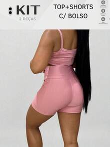 Conjunto top e shorts com BOLSO Fitness Academia Cintura alta Cós Duplo - Rosa Bebê - Visão 2