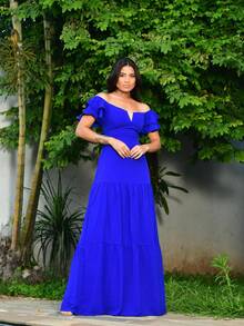 Long Off-The-Shoulder Dress With Ruffles, V-Neckline, Elegant, Charming Sleeves - Royal Blue - View 6