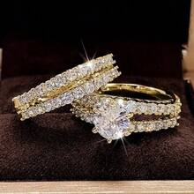 2 piezas Anillos de compromiso de lujo para mujer, glamorosos chapados en oro de 14k con brillante circonita cúbica sintética, perfectos para bodas y fiestas, regalo ideal para un ser querido - Dorado - Ver 3