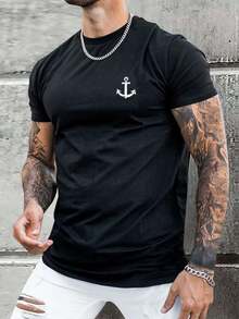 Manfinity Homme Camisetas de algodón para hombre, corte de cuello redondo ajustado, manga corta, camiseta gráfica casual de verano con ancla de poliéster en azul marino - Negro - Ver 6