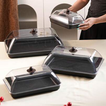 多尺寸长方形塑料展示托盘，带防尘盖，不易碎，可重复使用，适用于水果/甜点/零食/蛋糕，适合节日、婚礼、派对和宴会。